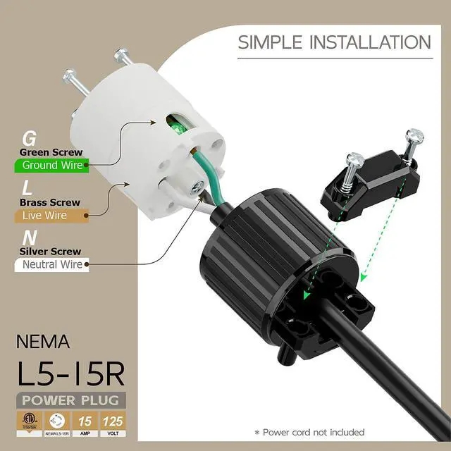 Alt view image 3 of 6 - NEMA L5-15R Twist Lock Female Receptacle, ETL/cETL Listed 15A 125V Rewireable Generator Socket, UL94-V0 Nylon Brass, Fits 12/14/16AWG SJT/SVT Cord, Black White Industrial Connector