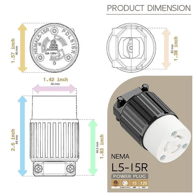 Alt view image 5 of 6 - NEMA L5-15R Twist Lock Female Receptacle, ETL/cETL Listed 15A 125V Rewireable Generator Socket, UL94-V0 Nylon Brass, Fits 12/14/16AWG SJT/SVT Cord, Black White Industrial Connector