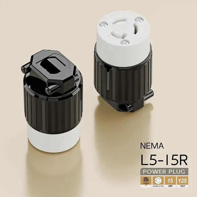 Alt view image 4 of 6 - NEMA L5-15R Twist Lock Female Receptacle, ETL/cETL Listed 15A 125V Rewireable Generator Socket, UL94-V0 Nylon Brass, Fits 12/14/16AWG SJT/SVT Cord, Black White Industrial Connector