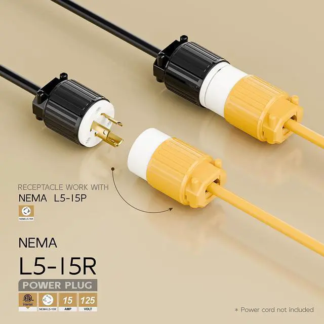 Alt view image 2 of 6 - NEMA L5-15R Twist Lock Female Receptacle, ETL/cETL Listed 15A 125V Rewireable Generator Socket, UL94-V0 Nylon Copper for 12/14/16AWG Cord, Yellow Industrial Connector