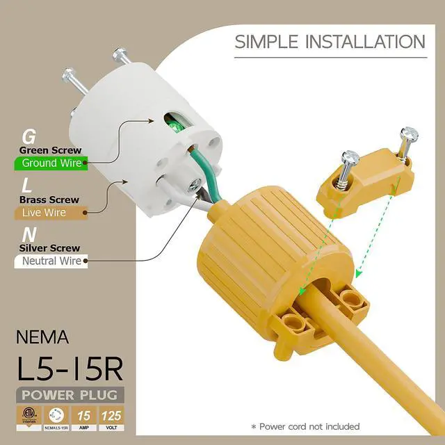 Alt view image 3 of 6 - NEMA L5-15R Twist Lock Female Receptacle, ETL/cETL Listed 15A 125V Rewireable Generator Socket, UL94-V0 Nylon Copper for 12/14/16AWG Cord, Yellow Industrial Connector