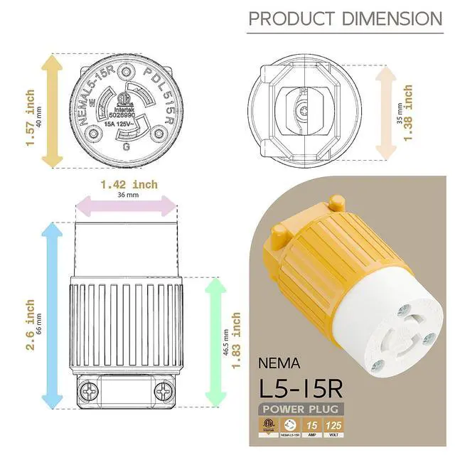 Alt view image 5 of 6 - NEMA L5-15R Twist Lock Female Receptacle, ETL/cETL Listed 15A 125V Rewireable Generator Socket, UL94-V0 Nylon Copper for 12/14/16AWG Cord, Yellow Industrial Connector