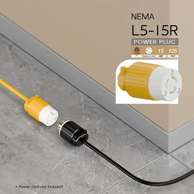 Alt view image 6 of 6 - NEMA L5-15R Twist Lock Female Receptacle, ETL/cETL Listed 15A 125V Rewireable Generator Socket, UL94-V0 Nylon Copper for 12/14/16AWG Cord, Yellow Industrial Connector