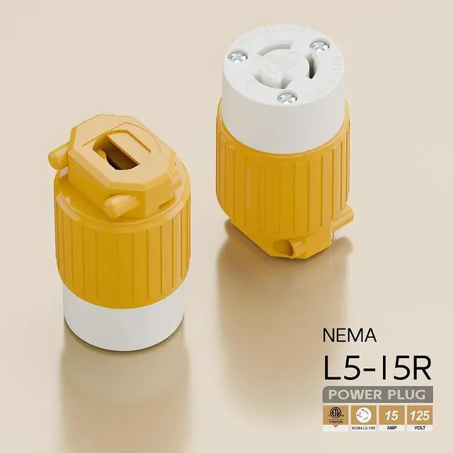 Alt view image 4 of 6 - NEMA L5-15R Twist Lock Female Receptacle, ETL/cETL Listed 15A 125V Rewireable Generator Socket, UL94-V0 Nylon Copper for 12/14/16AWG Cord, Yellow Industrial Connector