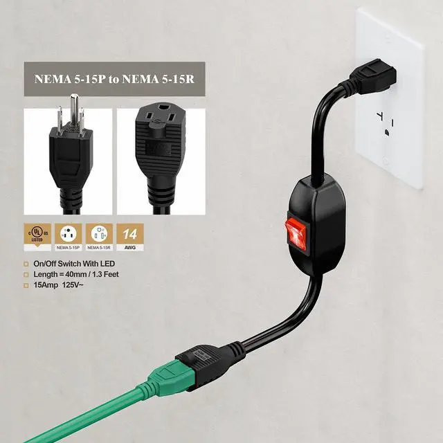 Alt view image 7 of 7 - Power Extension Cord with on Off Switch 3-Prong 3 Outlet Household Switchable Power Cord, Heavy Duty 15A 125V Switch Extension Cord, 40CM,AC0034