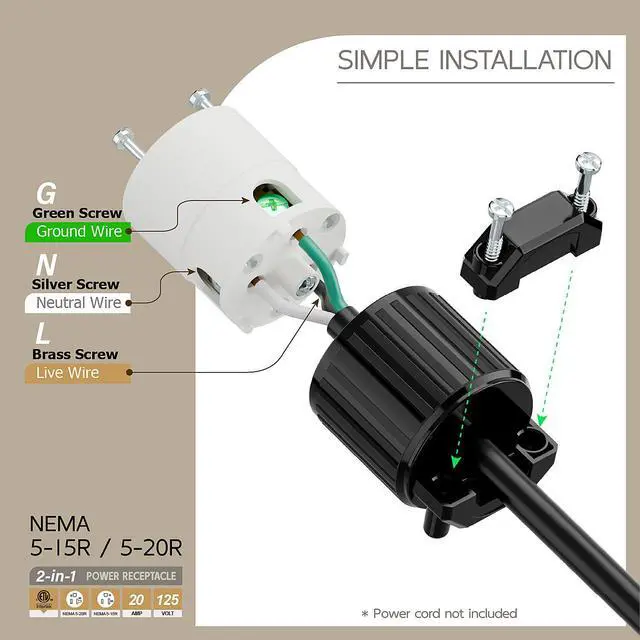 Alt view image 3 of 6 - USA 3-Prong Male AC Plug, ETL Nema 5-20R 3 Pole Straight Blade DIY Rewirable AC Socket, 20A 125V USA 3Pin Connector, NEMA 5-15R 15A/125V Female US 3Pole Power Receptacle, Black and White