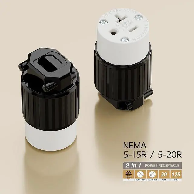 Alt view image 4 of 6 - USA 3-Prong Male AC Plug, ETL Nema 5-20R 3 Pole Straight Blade DIY Rewirable AC Socket, 20A 125V USA 3Pin Connector, NEMA 5-15R 15A/125V Female US 3Pole Power Receptacle, Black and White