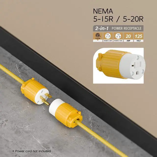 Alt view image 6 of 6 - NEMA 5-20R Female Socket,20Amp/125Volt, NEMA 5-15R 15A/125V ETL Listed Heavy Duty 3-Prong Female Straight Blade Connector, 15/20Amp AC Industrial Grade Cord End Socket, Yellow Color