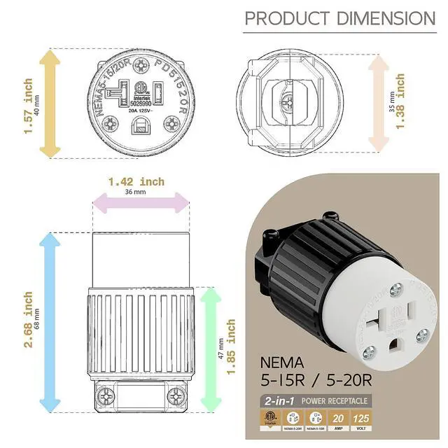 Alt view image 5 of 6 - USA 3-Prong Male AC Plug, ETL Nema 5-20R 3 Pole Straight Blade DIY Rewirable AC Socket, 20A 125V USA 3Pin Connector, NEMA 5-15R 15A/125V Female US 3Pole Power Receptacle, Black and White