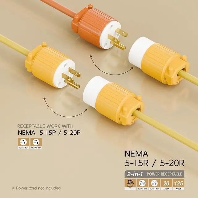 Alt view image 2 of 6 - NEMA 5-20R Female Socket,20Amp/125Volt, NEMA 5-15R 15A/125V ETL Listed Heavy Duty 3-Prong Female Straight Blade Connector, 15/20Amp AC Industrial Grade Cord End Socket, Yellow Color