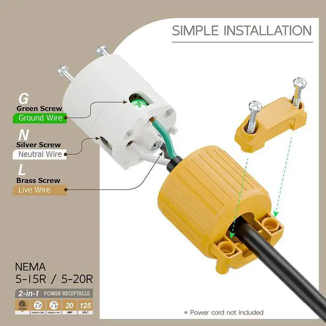 Alt view image 3 of 6 - NEMA 5-20R Female Socket,20Amp/125Volt, NEMA 5-15R 15A/125V ETL Listed Heavy Duty 3-Prong Female Straight Blade Connector, 15/20Amp AC Industrial Grade Cord End Socket, Yellow Color