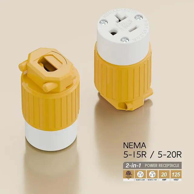 Alt view image 4 of 6 - NEMA 5-20R Female Socket,20Amp/125Volt, NEMA 5-15R 15A/125V ETL Listed Heavy Duty 3-Prong Female Straight Blade Connector, 15/20Amp AC Industrial Grade Cord End Socket, Yellow Color