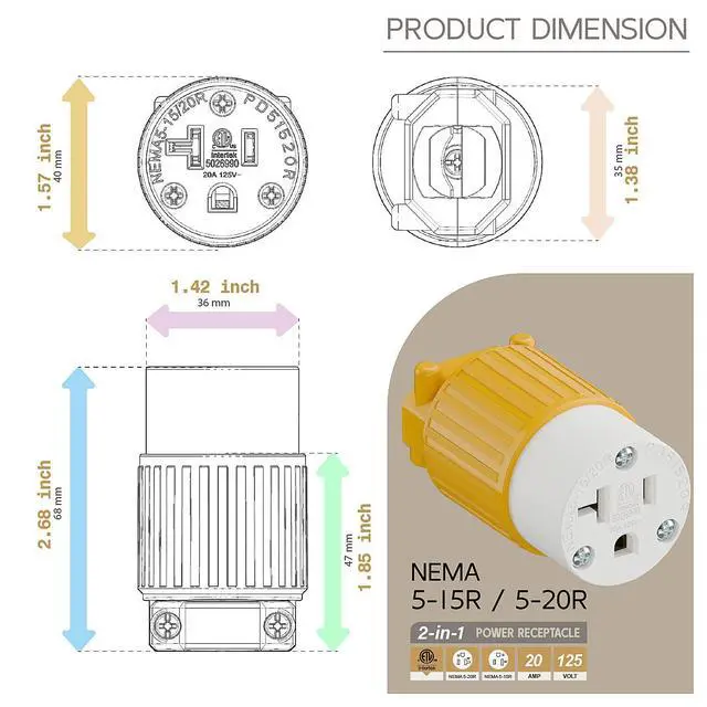 Alt view image 5 of 6 - NEMA 5-20R Female Socket,20Amp/125Volt, NEMA 5-15R 15A/125V ETL Listed Heavy Duty 3-Prong Female Straight Blade Connector, 15/20Amp AC Industrial Grade Cord End Socket, Yellow Color