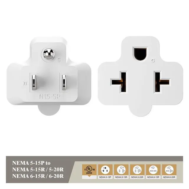 Alt view image 3 of 7 - Nema 15 Amp to 20 Amp Plug Adapter Listed NEMA 5-15P to 5-15/20R +6-15/20R (Comb 20Amp T Blade) 15 Amp Household Plug to 20 Amp T-Blade AC Power Adapter White