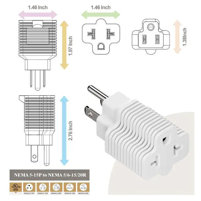 Alt view image 4 of 7 - Nema 15 Amp to 20 Amp Plug Adapter Listed NEMA 5-15P to 5-15/20R +6-15/20R (Comb 20Amp T Blade) 15 Amp Household Plug to 20 Amp T-Blade AC Power Adapter White