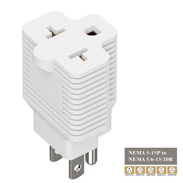 Alt view image 5 of 7 - Nema 15 Amp to 20 Amp Plug Adapter Listed NEMA 5-15P to 5-15/20R +6-15/20R (Comb 20Amp T Blade) 15 Amp Household Plug to 20 Amp T-Blade AC Power Adapter White