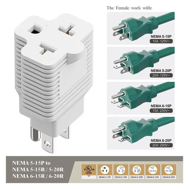 Alt view image 7 of 7 - Nema 15 Amp to 20 Amp Plug Adapter Listed NEMA 5-15P to 5-15/20R +6-15/20R (Comb 20Amp T Blade) 15 Amp Household Plug to 20 Amp T-Blade AC Power Adapter White