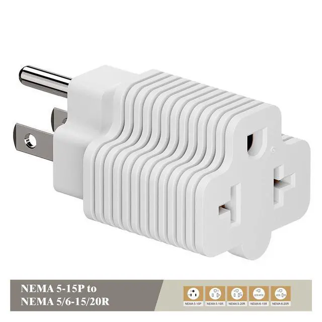 Alt view image 2 of 7 - Nema 15 Amp to 20 Amp Plug Adapter Listed NEMA 5-15P to 5-15/20R +6-15/20R (Comb 20Amp T Blade) 15 Amp Household Plug to 20 Amp T-Blade AC Power Adapter White