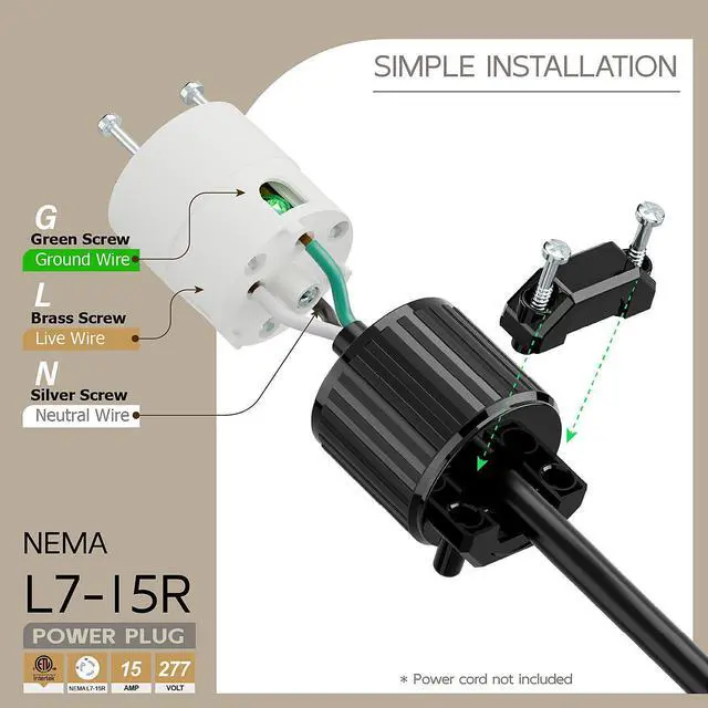 Alt view image 3 of 6 - NEMA L7-15R Twist Lock Female Receptacle, ETL Listed 15A 277V Rewireable Cord End Socket, UL94-V0 Fire-Resistant Nylon Copper, Fits 10~18AWG SJT/SVT Cord, Black White Industrial Connector