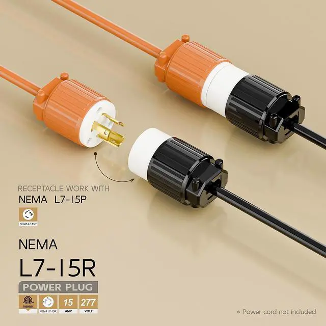 Alt view image 2 of 6 - NEMA L7-15R Twist Lock Female Receptacle, ETL Listed 15A 277V Rewireable Cord End Socket, UL94-V0 Fire-Resistant Nylon Copper, Fits 10~18AWG SJT/SVT Cord, Black White Industrial Connector