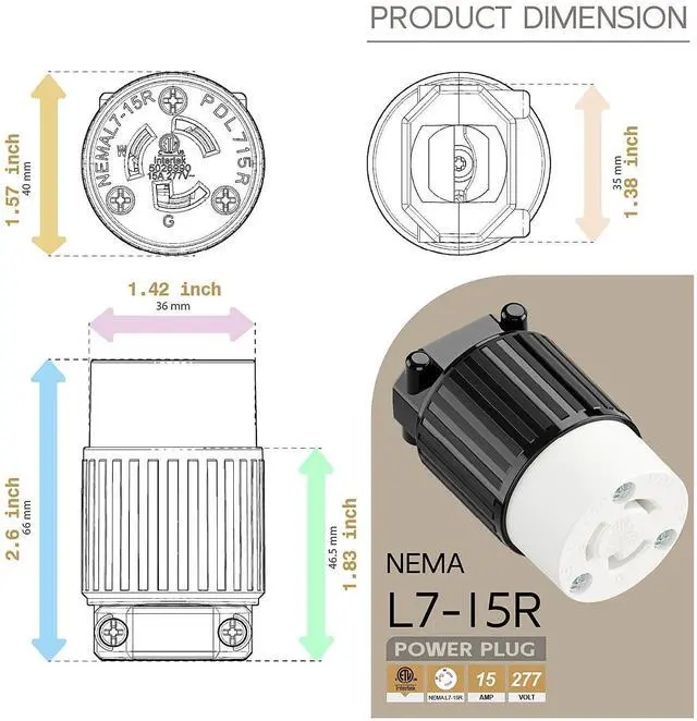 Alt view image 5 of 6 - NEMA L7-15R Twist Lock Female Receptacle, ETL Listed 15A 277V Rewireable Cord End Socket, UL94-V0 Fire-Resistant Nylon Copper, Fits 10~18AWG SJT/SVT Cord, Black White Industrial Connector