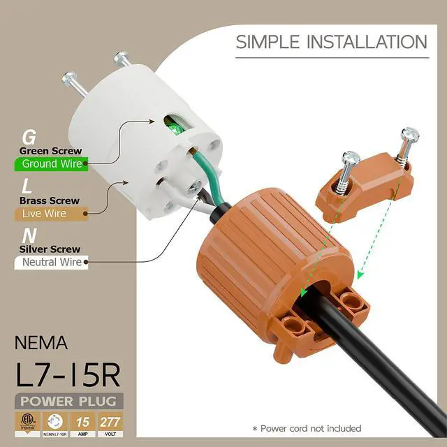 Alt view image 3 of 6 - NEMA L7-15R Twist Lock Female Receptacle, ETL Listed 15A 277V Rewireable Cord End Socket, UL94-V0 Fire-Resistant Nylon Copper, Fits 10~18AWG SJT/SVT Cord, Orange Industrial Connector