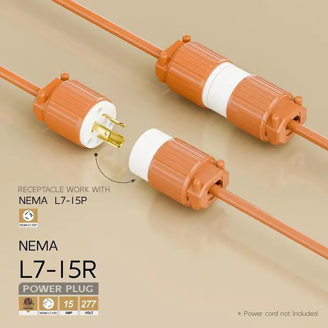 Alt view image 2 of 6 - NEMA L7-15R Twist Lock Female Receptacle, ETL Listed 15A 277V Rewireable Cord End Socket, UL94-V0 Fire-Resistant Nylon Copper, Fits 10~18AWG SJT/SVT Cord, Orange Industrial Connector