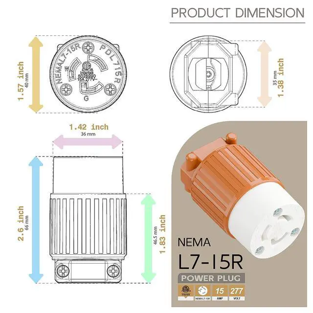 Alt view image 5 of 6 - NEMA L7-15R Twist Lock Female Receptacle, ETL Listed 15A 277V Rewireable Cord End Socket, UL94-V0 Fire-Resistant Nylon Copper, Fits 10~18AWG SJT/SVT Cord, Orange Industrial Connector