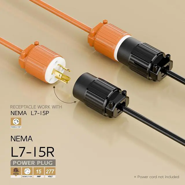 Alt view image 2 of 6 - NEMA L7-15R Twist Lock Female Receptacle, ETL Listed 15A 277V Rewireable Cord End Socket, UL94-V0 Fire-Resistant Nylon Copper, Fits 10~18AWG SJT/SVT Cord, Black Industrial Connector
