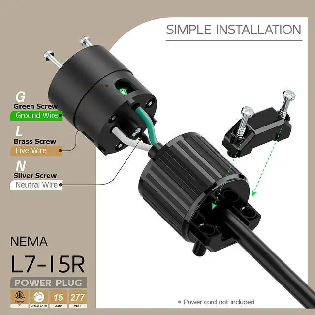 Alt view image 3 of 6 - NEMA L7-15R Twist Lock Female Receptacle, ETL Listed 15A 277V Rewireable Cord End Socket, UL94-V0 Fire-Resistant Nylon Copper, Fits 10~18AWG SJT/SVT Cord, Black Industrial Connector