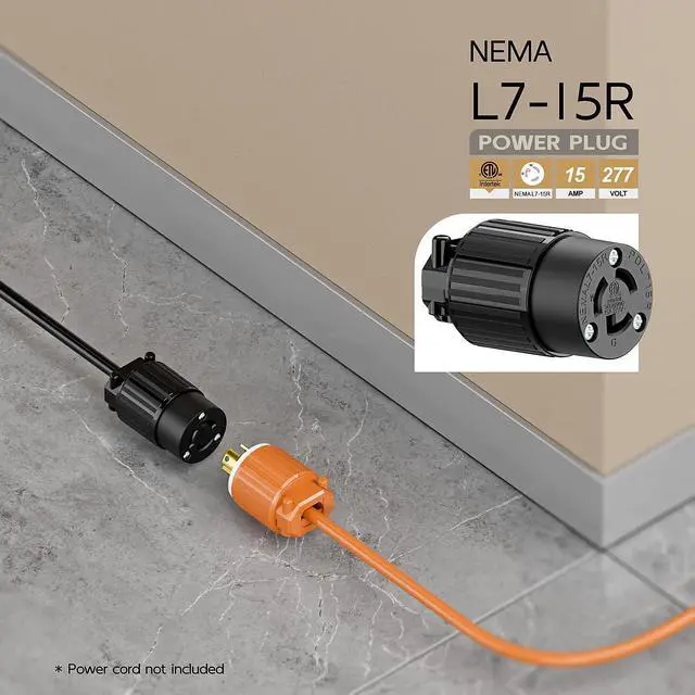 Alt view image 6 of 6 - NEMA L7-15R Twist Lock Female Receptacle, ETL Listed 15A 277V Rewireable Cord End Socket, UL94-V0 Fire-Resistant Nylon Copper, Fits 10~18AWG SJT/SVT Cord, Black Industrial Connector