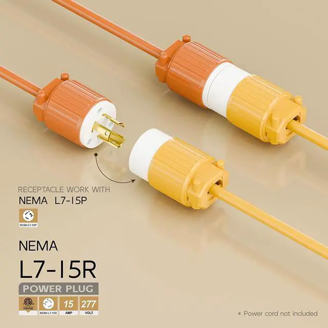 Alt view image 2 of 6 - NEMA L7-15R Twist Lock Female Receptacle, ETL Listed 15A 277V Rewireable Cord End Socket, UL94-V0 Fire-Resistant Nylon Copper, Fits 10~18AWG SJT/SVT Cord, Yellow Industrial Connector