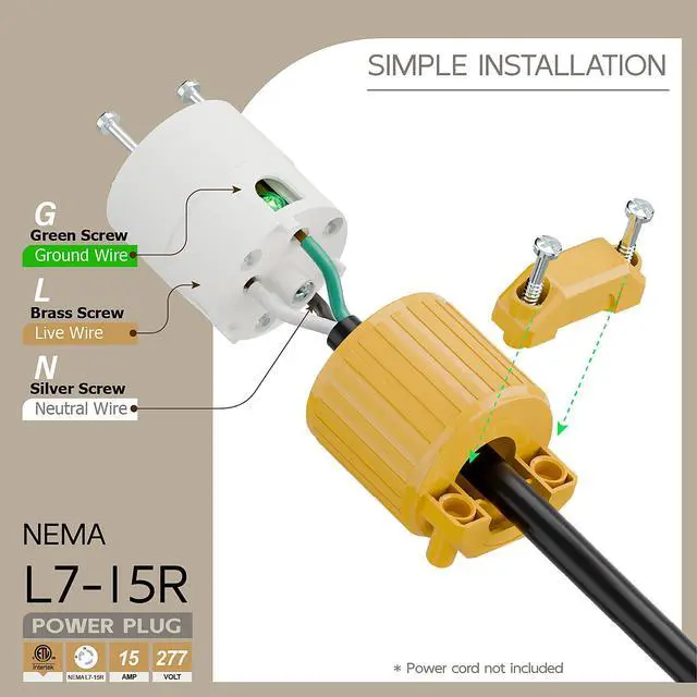 Alt view image 3 of 6 - NEMA L7-15R Twist Lock Female Receptacle, ETL Listed 15A 277V Rewireable Cord End Socket, UL94-V0 Fire-Resistant Nylon Copper, Fits 10~18AWG SJT/SVT Cord, Yellow Industrial Connector