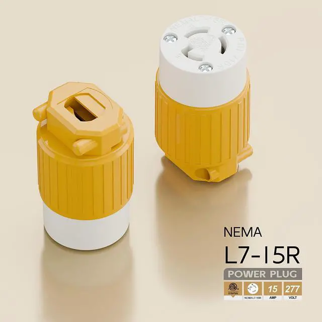 Alt view image 4 of 6 - NEMA L7-15R Twist Lock Female Receptacle, ETL Listed 15A 277V Rewireable Cord End Socket, UL94-V0 Fire-Resistant Nylon Copper, Fits 10~18AWG SJT/SVT Cord, Yellow Industrial Connector