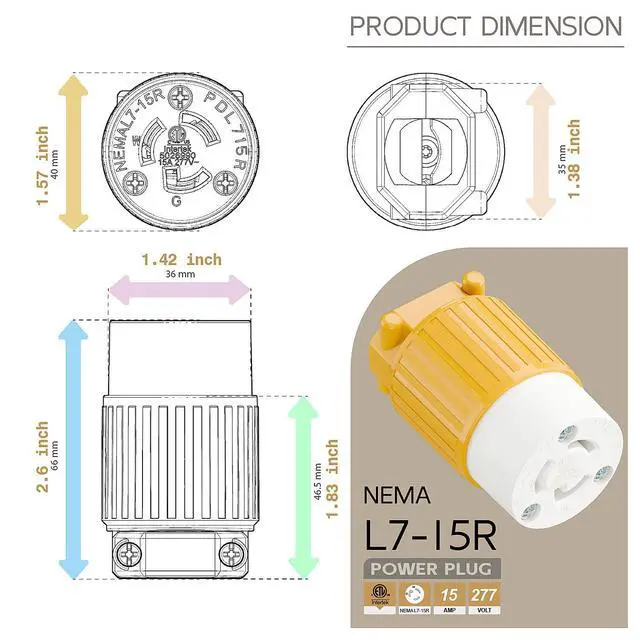 Alt view image 5 of 6 - NEMA L7-15R Twist Lock Female Receptacle, ETL Listed 15A 277V Rewireable Cord End Socket, UL94-V0 Fire-Resistant Nylon Copper, Fits 10~18AWG SJT/SVT Cord, Yellow Industrial Connector