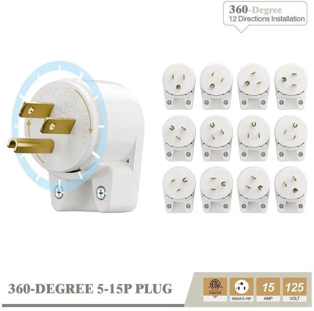 Alt view image 4 of 6 - NEMA 5-15P Right Angle Male Plug, ETL Listed 15A 125V 360° Rotatable Rewireable Connector, UL94-V0 Fire-Resistant Nylon & Copper, Fits 12~18AWG SJT/SVT Cord, White Industrial Plug
