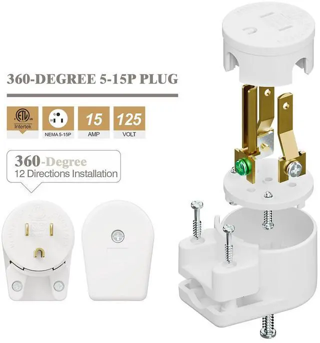 Alt view image 5 of 6 - NEMA 5-15P Right Angle Male Plug, ETL Listed 15A 125V 360° Rotatable Rewireable Connector, UL94-V0 Fire-Resistant Nylon & Copper, Fits 12~18AWG SJT/SVT Cord, White Industrial Plug