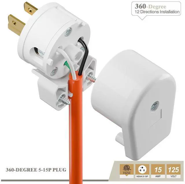 Alt view image 6 of 6 - NEMA 5-15P Right Angle Male Plug, ETL Listed 15A 125V 360° Rotatable Rewireable Connector, UL94-V0 Fire-Resistant Nylon & Copper, Fits 12~18AWG SJT/SVT Cord, White Industrial Plug