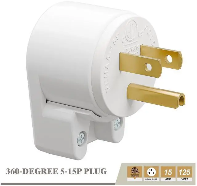 Alt view image 2 of 6 - NEMA 5-15P Right Angle Male Plug, ETL Listed 15A 125V 360° Rotatable Rewireable Connector, UL94-V0 Fire-Resistant Nylon & Copper, Fits 12~18AWG SJT/SVT Cord, White Industrial Plug