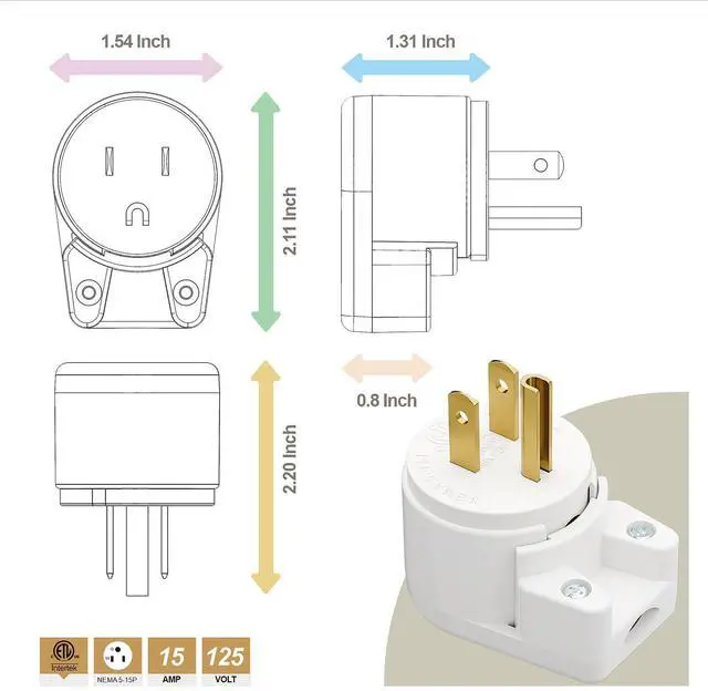Alt view image 3 of 6 - NEMA 5-15P Right Angle Male Plug, ETL Listed 15A 125V 360° Rotatable Rewireable Connector, UL94-V0 Fire-Resistant Nylon & Copper, Fits 12~18AWG SJT/SVT Cord, White Industrial Plug