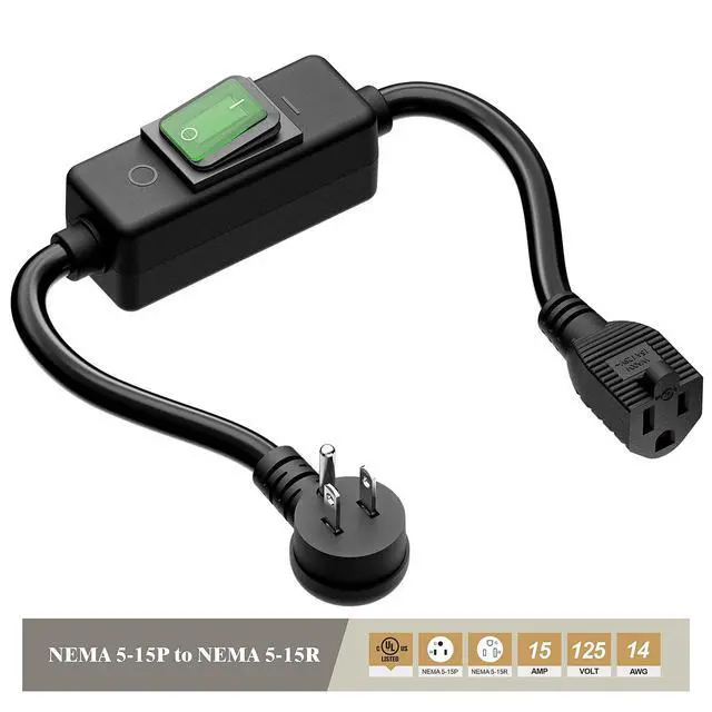 Alt view image 3 of 7 - 1.5Feet 90Degree Waterproof Extension Power Cord, in-Line On-Off Switch Extension Cable, SJTW 14AWG 3C Waterproof,Max.20A 125V Heavy Duty Inline Switch AC Power Cord