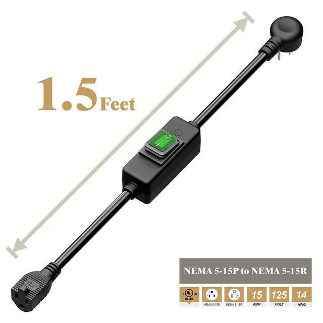 Alt view image 2 of 7 - 1.5Feet 90Degree Waterproof Extension Power Cord, in-Line On-Off Switch Extension Cable, SJTW 14AWG 3C Waterproof,Max.20A 125V Heavy Duty Inline Switch AC Power Cord