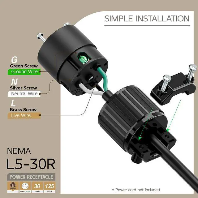 Alt view image 3 of 6 - Nema L5-30R 30 Amp 125 Volt Connector, L5-30 Locking Power Cord Connector 2P 3W, Locking Plug, Industrial Grade DIY Twist-Lock Cord Connector, Black Color