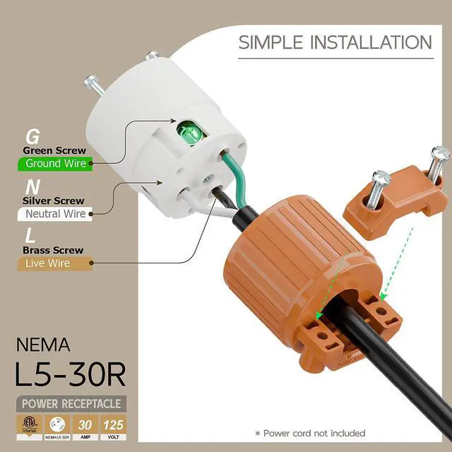 Alt view image 3 of 6 - Nema L5-30R 30 Amp 125 Volt Connector, L5-30 Locking Power Cord Connector 2P 3W, Locking Plug, Industrial Grade DIY Twist-Lock Cord Connector, Orange Color