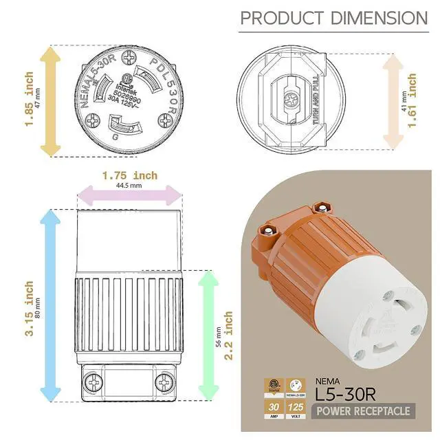 Alt view image 5 of 6 - Nema L5-30R 30 Amp 125 Volt Connector, L5-30 Locking Power Cord Connector 2P 3W, Locking Plug, Industrial Grade DIY Twist-Lock Cord Connector, Orange Color