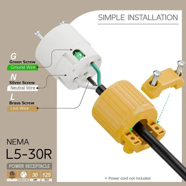 Alt view image 3 of 6 - Nema L5-30R 30 Amp 125 Volt Connector, L5-30 Locking Power Cord Connector 2P 3W, Locking Plug, Industrial Grade DIY Twist-Lock Cord Connector, Yellow Color