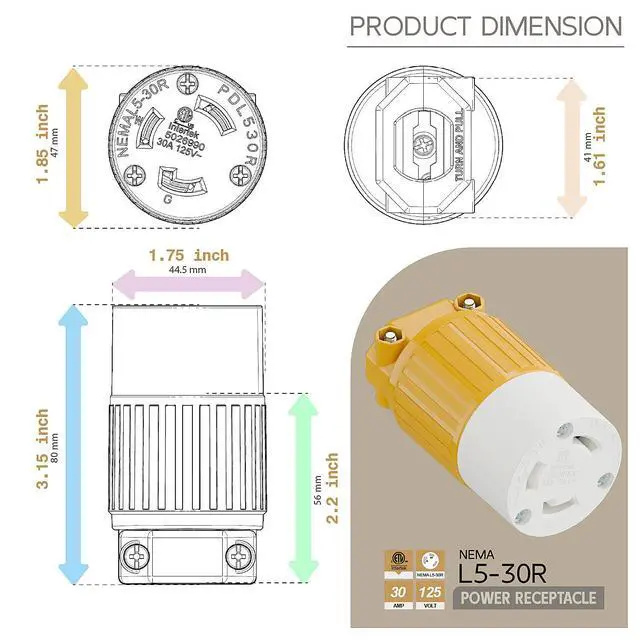 Alt view image 5 of 6 - Nema L5-30R 30 Amp 125 Volt Connector, L5-30 Locking Power Cord Connector 2P 3W, Locking Plug, Industrial Grade DIY Twist-Lock Cord Connector, Yellow Color
