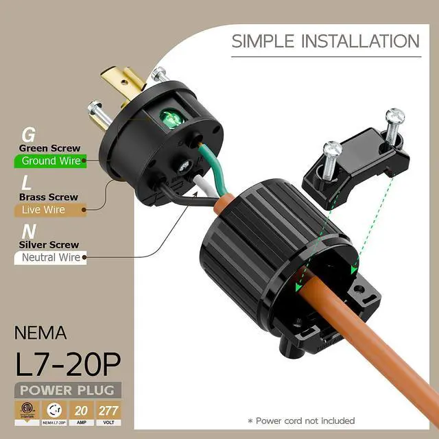 Alt view image 3 of 6 - NEMA L7-20P Locking Plug, (ETL Listed) Cord End Connector, Twist Lock L7-20 20Amp 277Volt Male AC Connector, Industrial Grade 20A 277V Replacement Plugs PDL720P Black Color