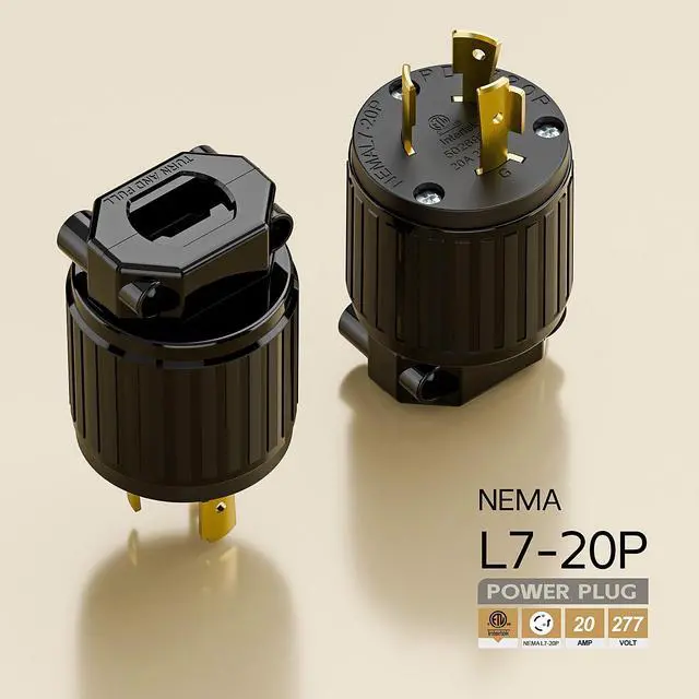 Alt view image 4 of 6 - NEMA L7-20P Locking Plug, (ETL Listed) Cord End Connector, Twist Lock L7-20 20Amp 277Volt Male AC Connector, Industrial Grade 20A 277V Replacement Plugs PDL720P Black Color