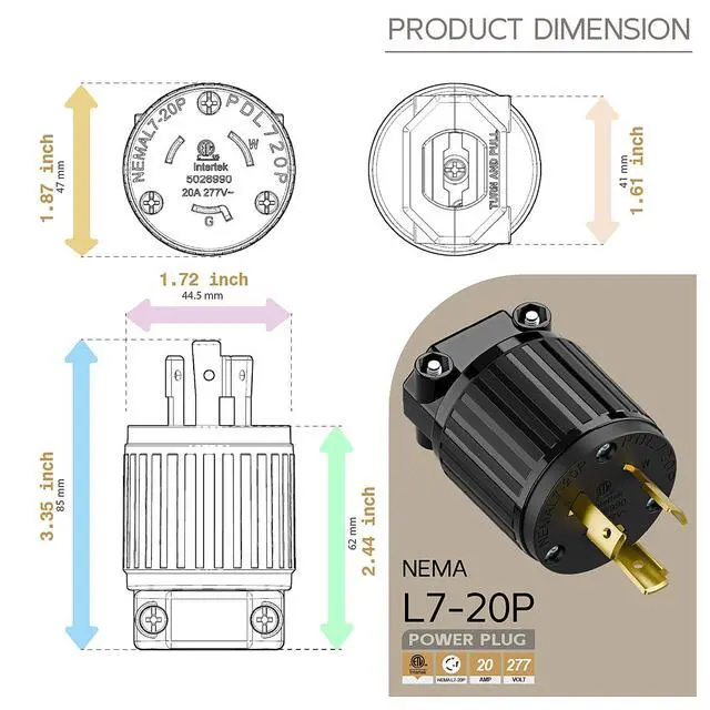Alt view image 5 of 6 - NEMA L7-20P Locking Plug, (ETL Listed) Cord End Connector, Twist Lock L7-20 20Amp 277Volt Male AC Connector, Industrial Grade 20A 277V Replacement Plugs PDL720P Black Color